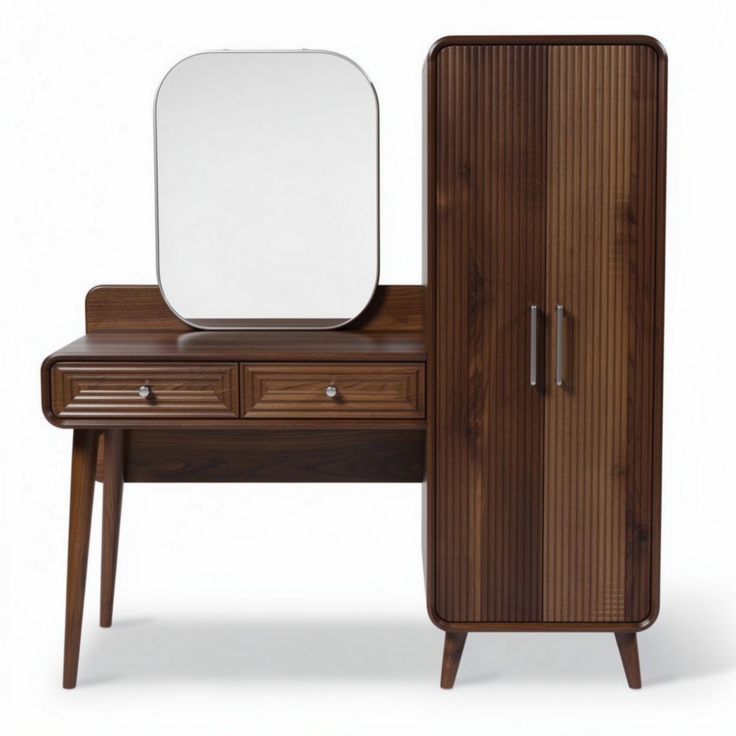 Coiffeuse en bois sombre avec miroir et armoire intégrée 120 x 45 x 180cm