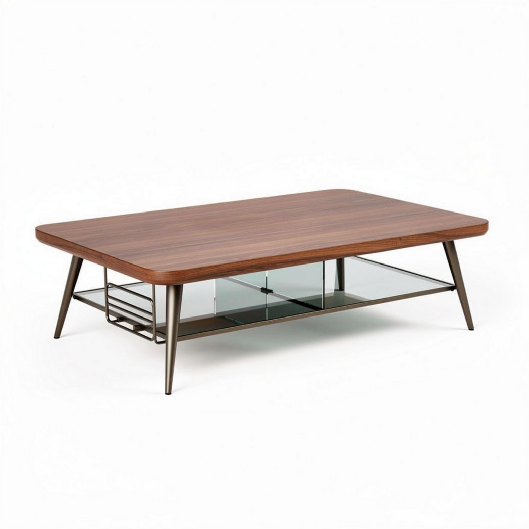 Table basse en bois avec plateau en verre et structure métallique 120 x 70 x 40cm