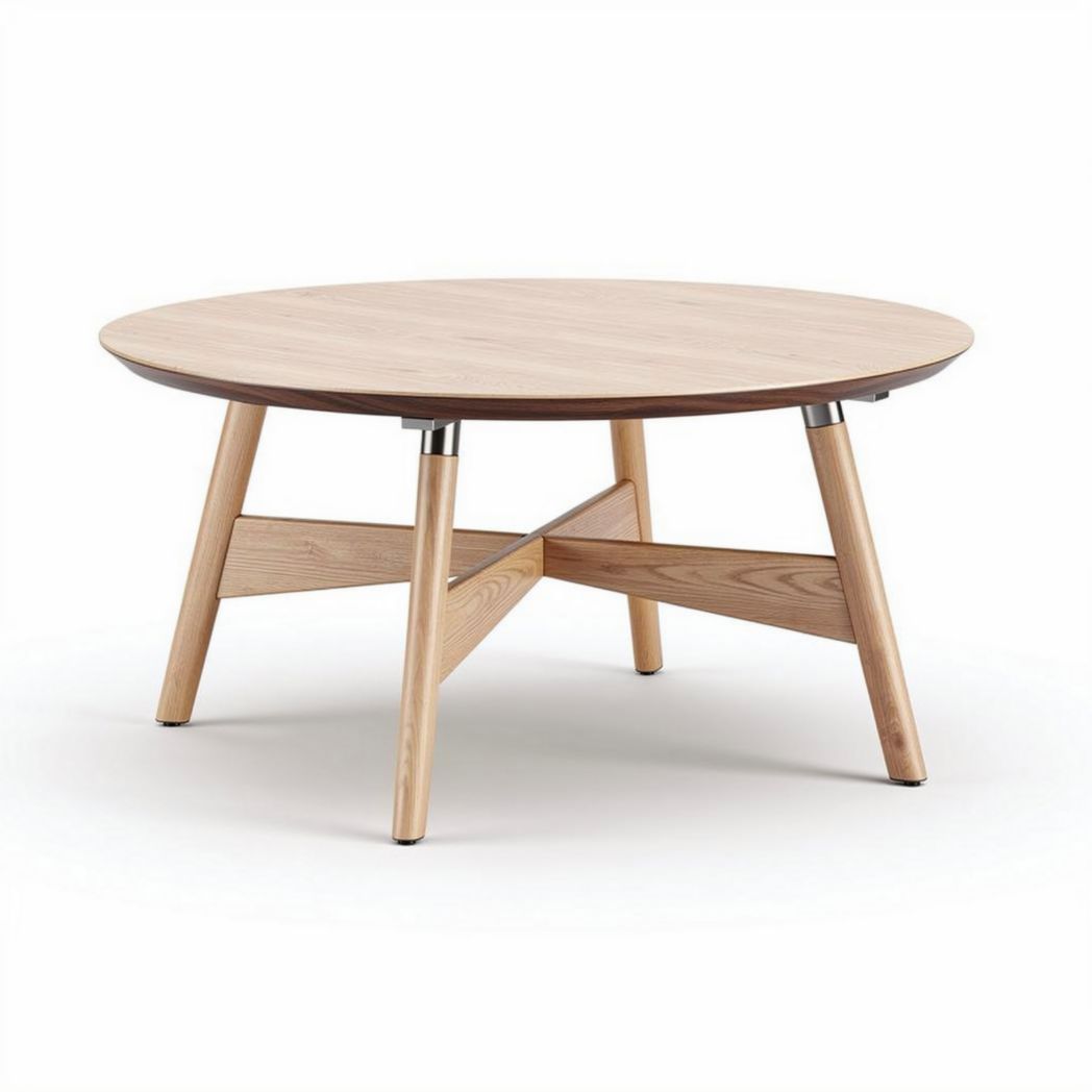 Table basse ronde en bois de chêne clair 80 x 80 x 40 cm avec piètement en hêtre