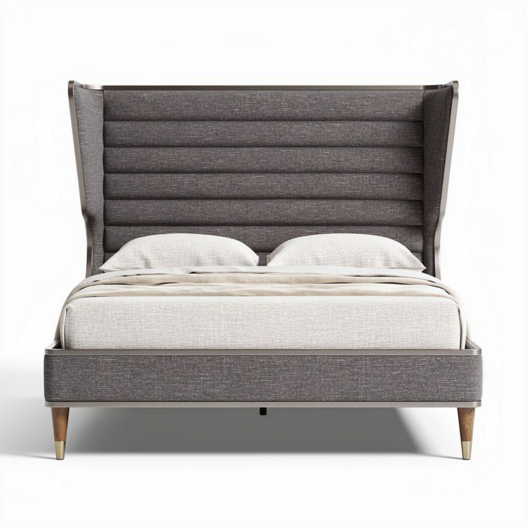 Lit king size avec tête de lit rembourrée en tissu gris 200 x 160 x 110cm